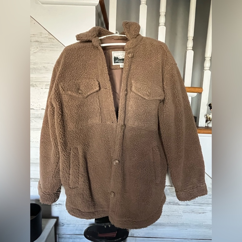 American Eagle Outfitters Brown Sherpa Button-Up Jacket